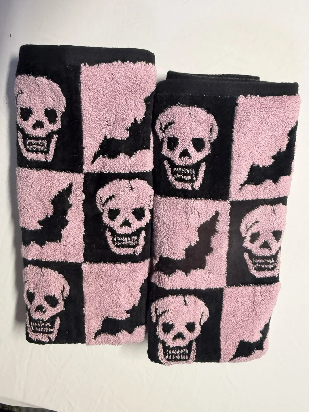 Betsey Johnson Black, Gray & Pink Striped Hand Towels with Pink Bat Motif